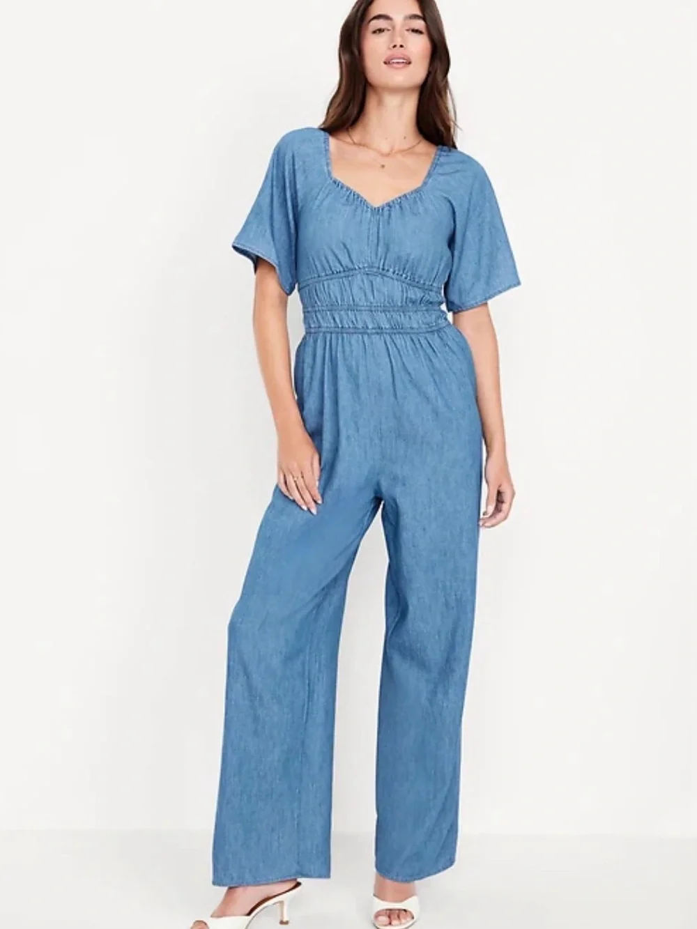 Old Navy Waist-Defined Smocked Denim Jumpsuit Chambray Large - Picture 1 of 14